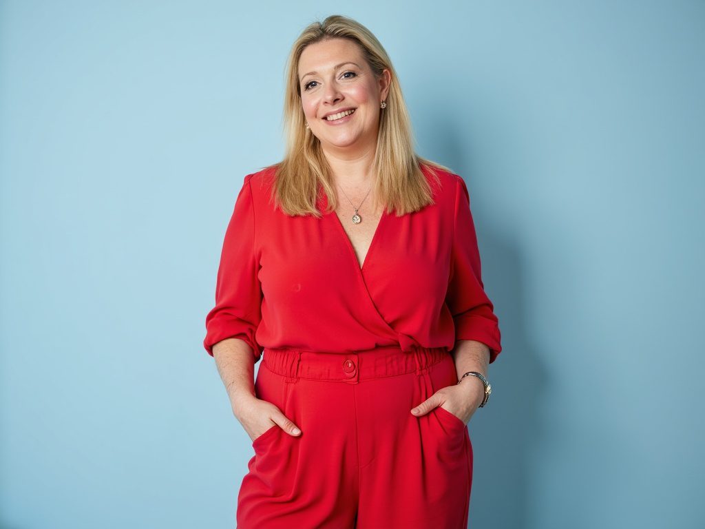 Henny Maltby of Pink Elephant Media, smiling and wearing red
