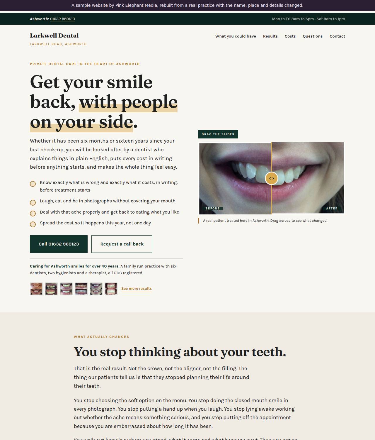 Larkwell Dental homepage after the Pink Elephant rebuild