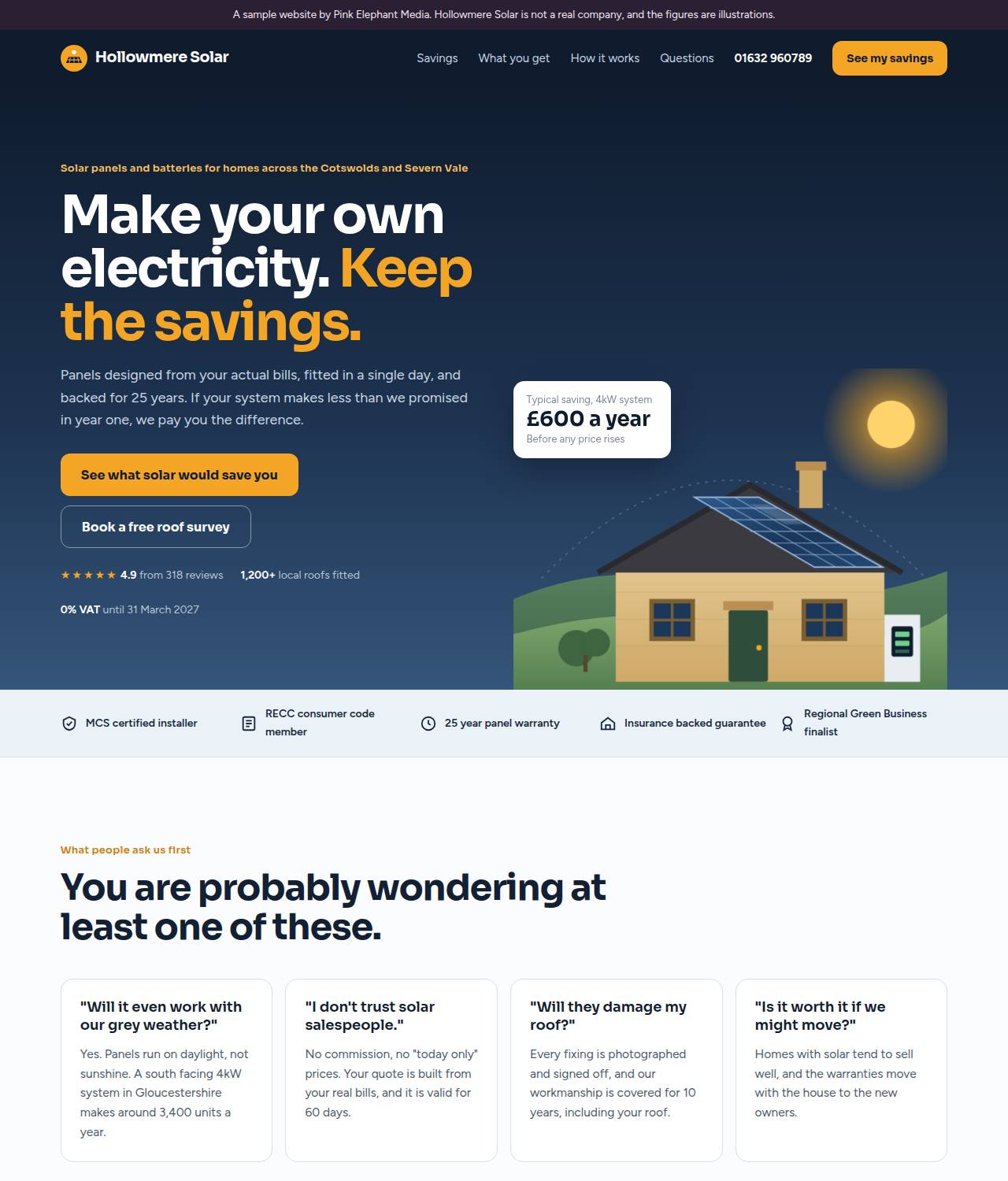 Hollowmere Solar homepage after the Pink Elephant rebuild