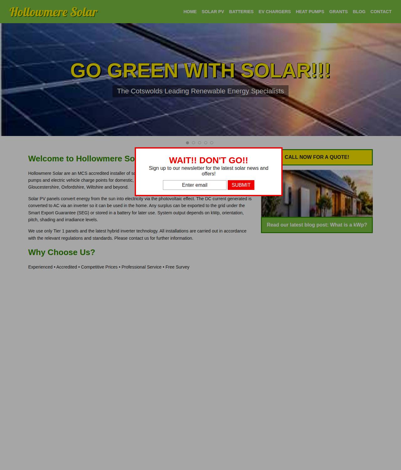 Hollowmere Solar homepage before, an old style site
