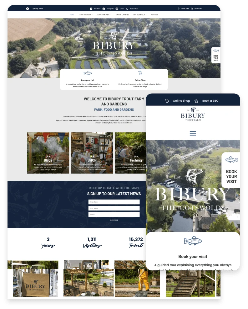 The Bibury Trout Farm website, shown on a laptop and a phone