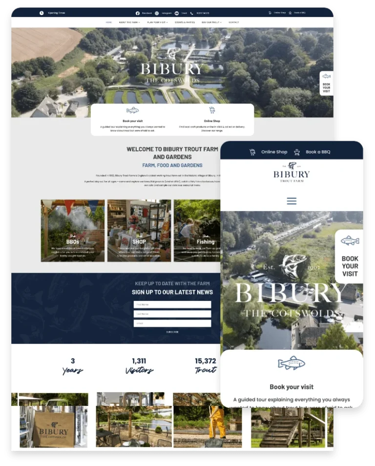 The Bibury Trout Farm website, shown on a laptop and a phone