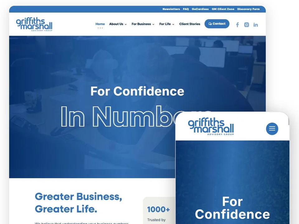 The Griffiths Marshall website, shown on a laptop and a phone