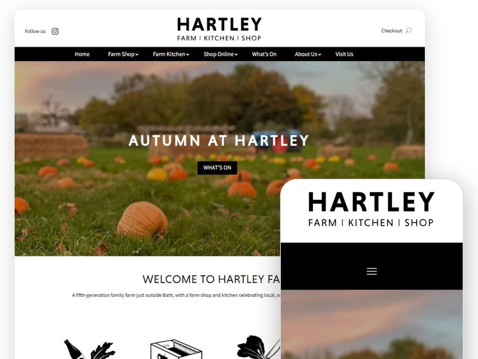 The Hartley Farm website, shown on a laptop and a phone
